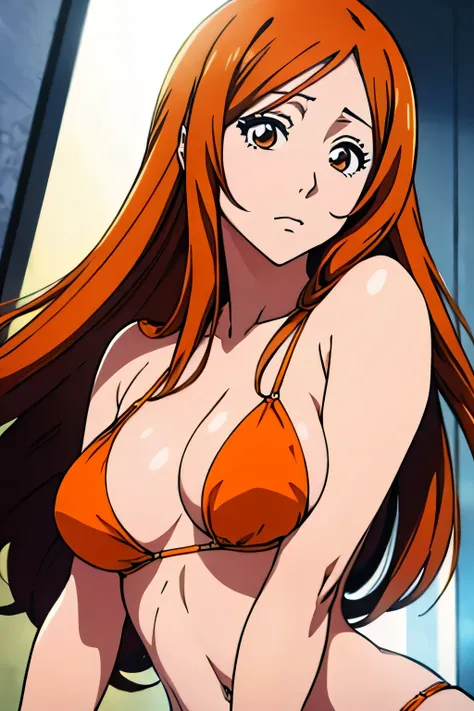 1 woman, orihime inoue, long light brown hair, big breasts, orange eyes, ((detailed eyes:1.2)), wearing micro bikini, sexy, sensual, sideboob, masterpiece, top quality, best quality, official art, beautiful and aesthetic:1.2), extreme detailed, colorful, h...