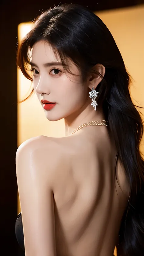 Ultra HD resolution,artistic photos,Photography,21year girl,earrings,long hair,Black background,Black backless dress,necklace,cowboy shot,H cup,Showing cleavage,Expose more breasts,Amazing breast size,Erect nipples,Expose the areola,Bigger breasts,Smooth a...