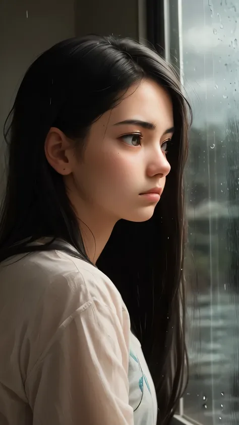 ((best quality)), ((masterpiece)), (detailed), A close-up of a teenage girl with long black hair looking out a rainy window with a somber expression