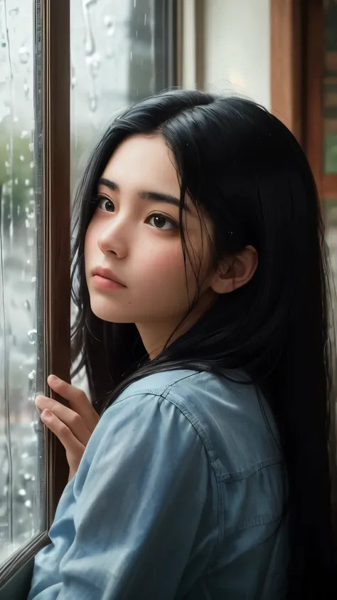 ((best quality)), ((masterpiece)), (detailed), A close-up of a teenage girl with long black hair looking out a rainy window with a somber expression