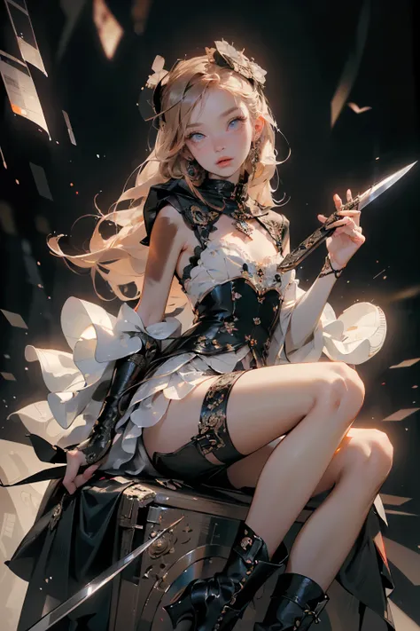 (((masterpiece, of the highest quality, super detailed))), (a female knight of an occult order), ((((a floating sword with a digital glitch-like effect to the blade as though it is rapidly flickering in and out of reality, with a very slight warping effect...