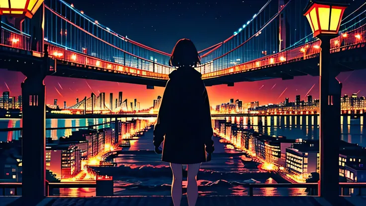 A woman looks at the seaside、night、Bay bridge、