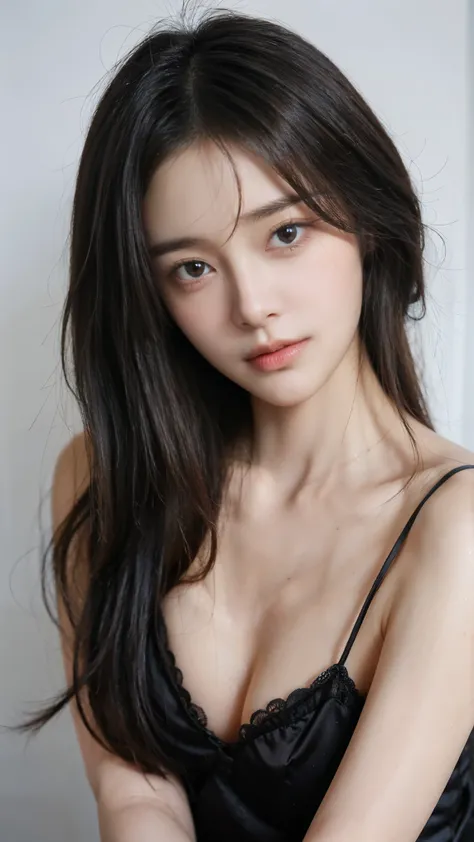 beautiful young woman, heart-shaped face, large almond eyes, sparkling eyes, porcelain skin, realistic skin texture, silky black hair, gentle waves, detailed strands, natural highlights, small rosy lips, subtle smile, Korean idol beauty, purity, sophistica...