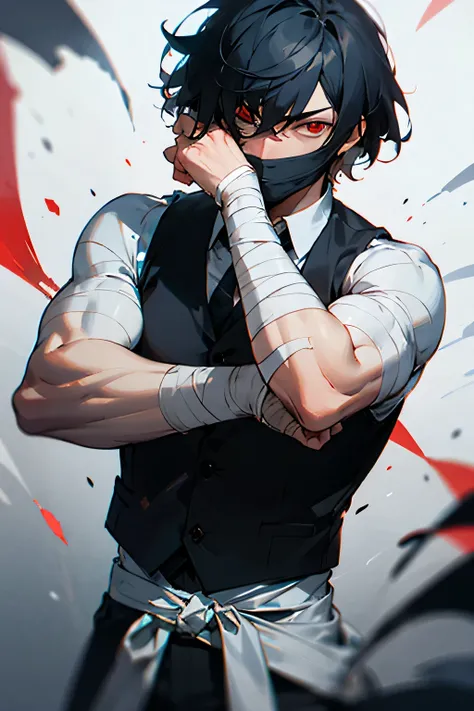 A bandage wrapped around the face, man, red eyes, black hair, short hair, vest, muscle
