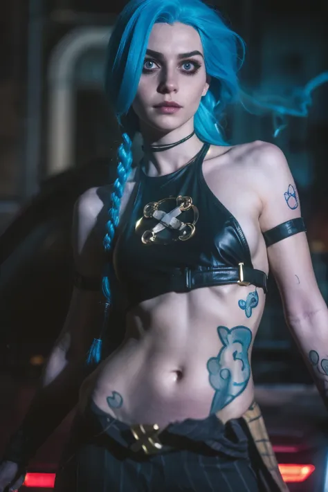 hyper realistic super detailed jinx cosplay , young girl, 15 years old, very detailed, (hyper realistic: 1.4), in dynamic pose, ...