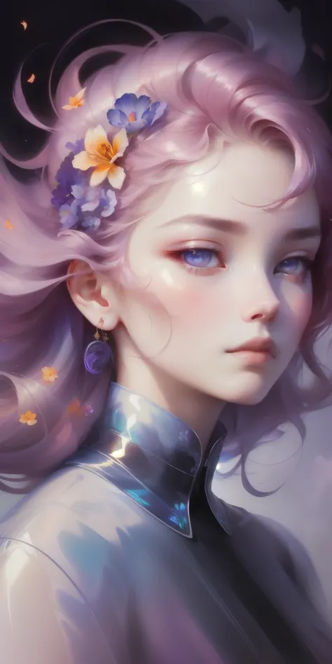 _James Jean, floating female figure made of ribbon., Get rich, in the sky, showy、energetic, Mysterious color, contemporary impressionism, yanjun cheng portrait painting, iridescent paint, 3/4 Perspective, beautiful face, low angle, Sweep and circle composi...