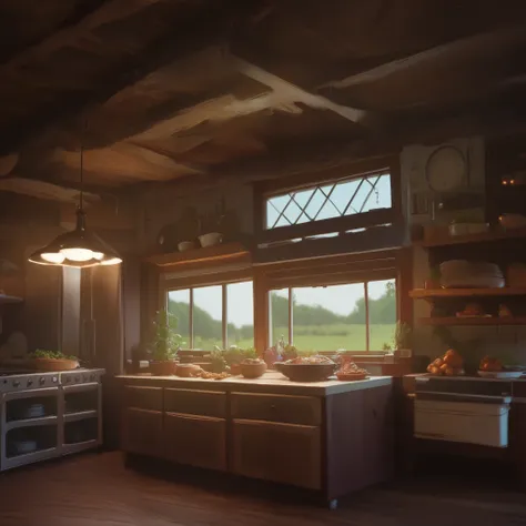 farmhouse kitchen with lights illuminating the space, a kitchen counter with food on top, a refrigerator, stove, various details...