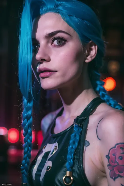 close-up face. hyper realistic super detailed jinx cosplay , ((young teen girl, 15 years old)) , very detailed, (hyper realistic...