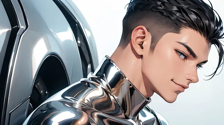 Japanese male hot model　　22 years old　smile　　　Black Hair　　　Shaved head　From KaMeRa&#39;s perspective　　　　　Shiny full-body silver suit　　　Shiny silver latex suit　Me　　From KaMeRa&#39;s perspective　future world　　　　　Upper body close-up　Face close-up　male　