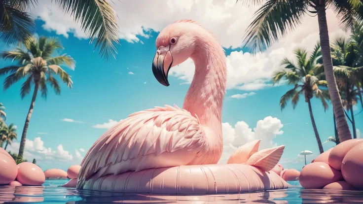 a flamingo float object floating in the water with palm trees in the background, high quality 3d realistic, hd illustration, high quality realistic, flamingo, high quality illustration, highly realistic photo, high quality topical render, inflatable, photo...