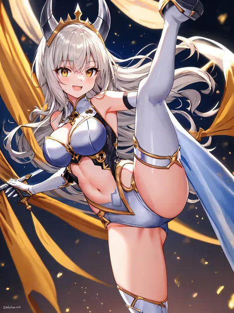 fantasy, 1devil_girl, low_teen, platina_blond_hair,long_bangs,, bare_shoulder, navel out, thighhighs,silver_armor, white_clothes,waist_armor, Glebe, hold_swords, large_breasts, dynamic_flying_pose,Floating,(pelvic_curtain:1.3), silver_Headgear ,looking_dow...