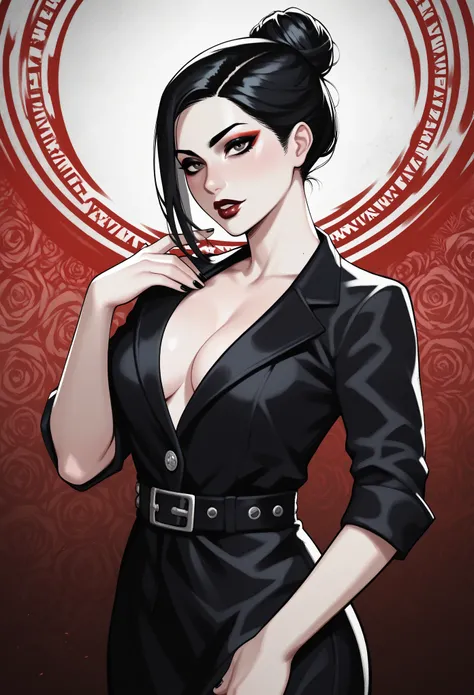 score_9, score_8_up, score_7_up, score_6_up, score_5_up, score_4_up, BREAK 1girl, intricate, Yakuza outfit , (eyeliner:1.2), looking at viewer, black hair, bun-cut, long hair, pale skin, jewelry, detailed background, breasts (masterpiece, high quality:1),
