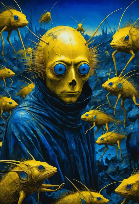 Crazy dream on wastelands beyond fantasy, exploiting a new world coming into his eyes, metallic golden yellow, horror movie scene, dark blue and light yellow, blue and yellow, royal blue and golden yellow, 4D, 8K, photorealistic, dreamlike, fantastic creat...