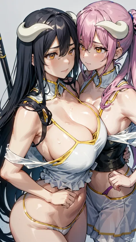 Two beautiful girls, Shinobu Kocho and Kanroji Mitsuri from Demon Slayer, in their Demon Killing Squad Uniforms. The uniforms are fitted and reveal their curvaceous bodies, emphasizing their ample cleavage. Shinobu has her signature long, wavy black hair, ...