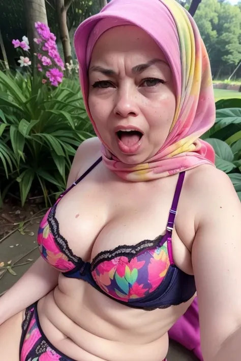 (((LIE DOWN))), 77-years-old, "Very angry facial reaction", "Hijab", Bbw chubby Fat, Naked at forest, (((Colourfull Lingerie))). Floral Pattern , she is screaming in orgasm, (((Drop My Thong & G-String)))