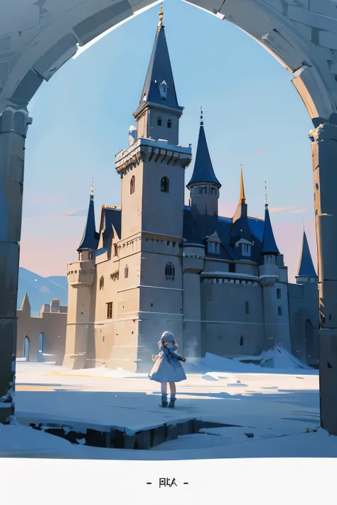 A beautiful  wearing ice, 3 years old, in an old castle, printed as a deformed illustration