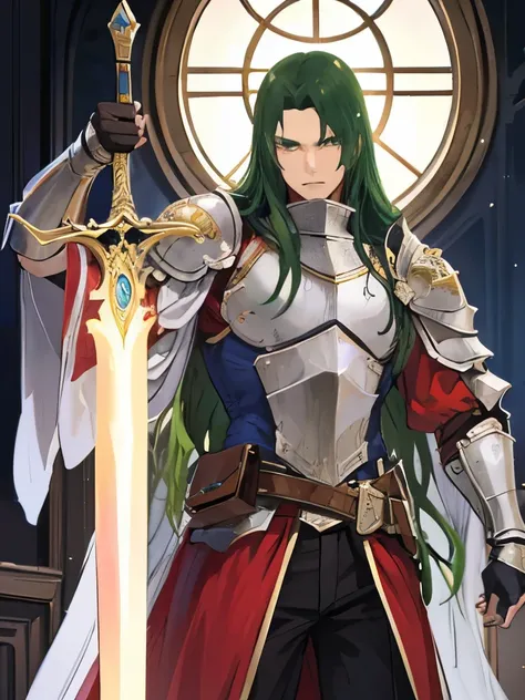 1boy, green long hair, knight, devine sword, big hammer, gold and silver ornament, muscle