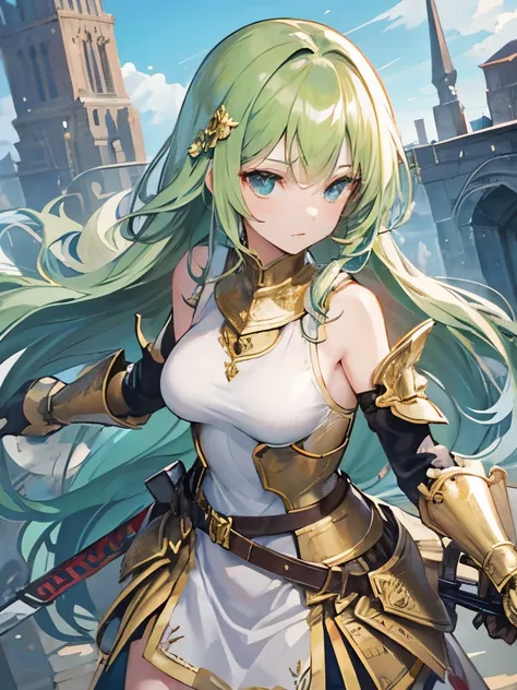 1girl, green long hair, knight, devine sword, big hammer, gold and silver ornament, tank top armor