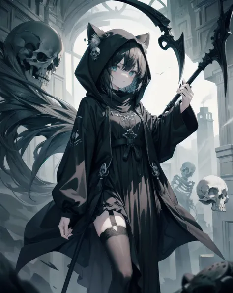 Neko ears, cat ears, black hair, grim reaper, black scythe full of blood, black-green-blade, absurdres, RAW photo, extremely delicate and beautiful, masterpiece, Best Quality, ultra high resolution, 32k, hyperrealistic, ultra-detailed, detailed description...