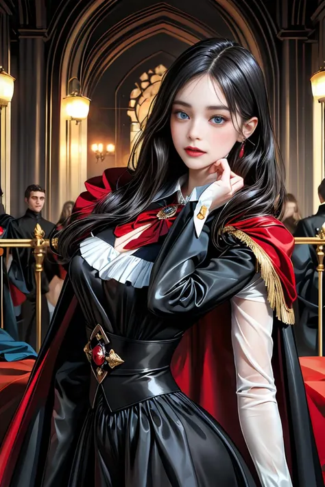 
masterpiece, 最high quality, high quality, 1 girl, alone, Female focus, Watching the audience,  Messy black hair, Adorable big blue eyes, White people, Noble, Noble,Sexy voluminous black and red cape、Tuxedo、A very voluminous, large, very large, very large,...