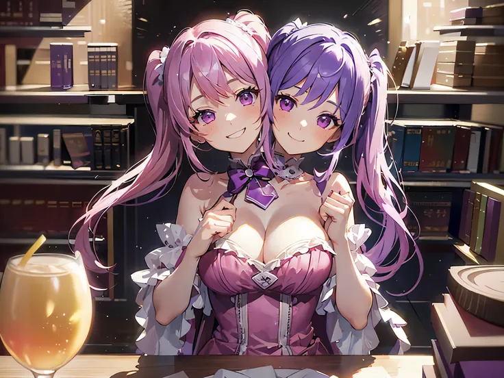 (masterpiece, best quality), best resolution, (2heads:1.5), 1girl, vtuber, pink and purple hair, pigtails, purple eyes, smiling, talking to the audience, left heads mouth closed, right heads mouth open, pink dress, bookshelf with figurines, live stream, po...