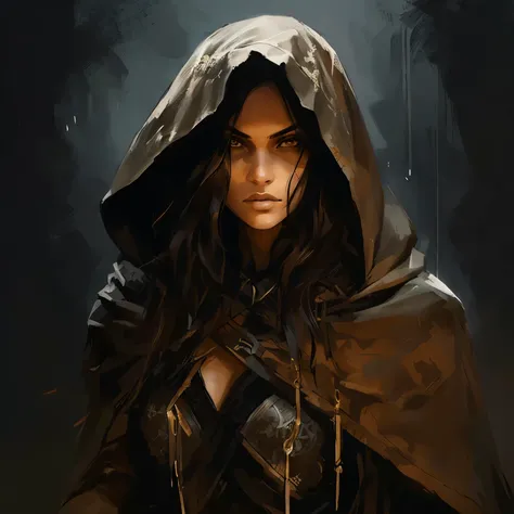 "a dark, detailed illustration of a fierce hooded woman with beautiful almond-shaped brown eyes. her gaze is tough and intimidat...