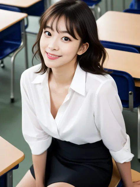 ((masterpiece, Highest quality, High resolution)), (Realistic: 1.4), One Japanese woman, 35 year old teacher, Lightly wavy medium length hair、background:classroom、Smile, Smile, Mouth slightly open、A thin, fitted white blouse、Shiny grey pencil skirt、Sitting...