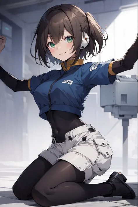 aile_megamanzx, kneeling with one hand on the ground and the other arm raised, 1girl, solo, short hair, brown hair, short sleeves, (bodysuit), robot ears, green eyes, short_shorts, short sleeves, short over long sleeves, smile, in futuristic city, , high q...