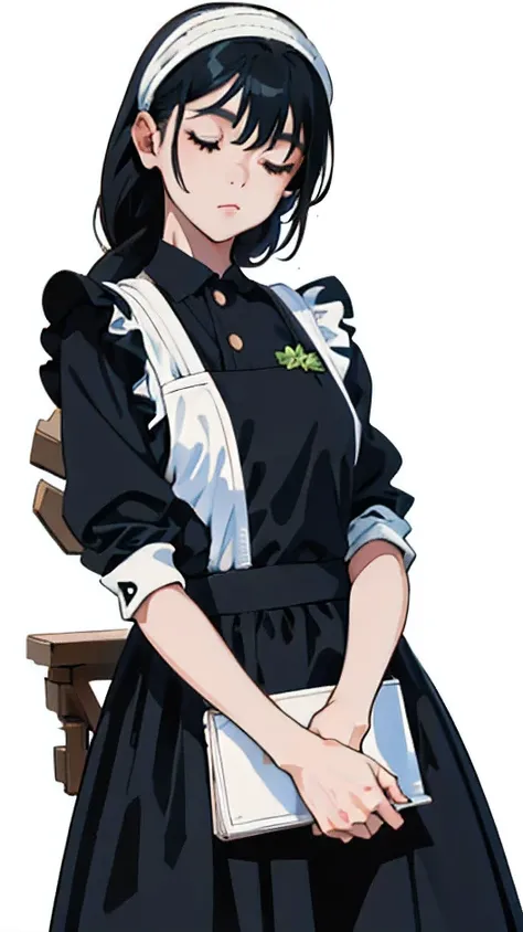 (Short cute girl,Little young student,Young and delicate girl),(masterpiece,Highest quality),Black gingham check apron,Black long hair,sleepy,White Background