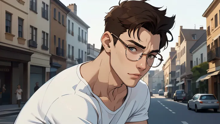 a thin young man in a white T-shirt and blue jeans winks in the evening on the street, short brown hair, round face, glasses, kind expression, a beautiful portrait cutscene illustration winks