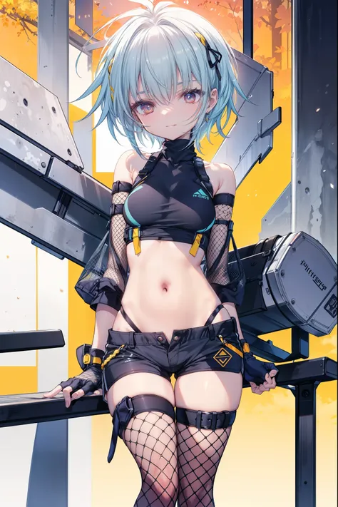 yuffiekisaragi, Yuffie Kisaragi,Haircuts, pixie cut,
壊す crop top, fingerless gloves, fishnet Thighhighs, fishnet, forehead protector, gloves, head band, belly button, short shorts, shorts, single sleeve, single thigh high, No sleeve, No sleeve turtleneck, ...
