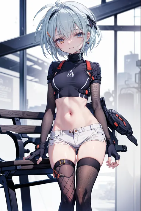 yuffiekisaragi, Yuffie Kisaragi,Haircuts, pixie cut,
壊す crop top, fingerless gloves, fishnet Thighhighs, fishnet, forehead protector, gloves, head band, belly button, short shorts, shorts, single sleeve, single thigh high, No sleeve, No sleeve turtleneck, ...
