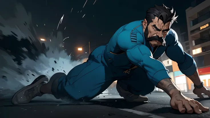 a dynamic falling pose, a man in a blue sports jumpsuit with thick black mustache falling on asphalt and dropping a large camera on a film set at night, lying pose, highly detailed, photorealistic, 8k, hyperrealistic, dramatic lighting, cinematic, action s...