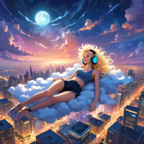 a beautiful 20 year old blonde woman with big messy hair laying down on a cloud in the sky floating over a cityscape at night, wearing headphones, twinkling stars and glowing moon, fantasy art style, rossdraws cartoon vibrant, cyberpunk, cute detailed digi...
