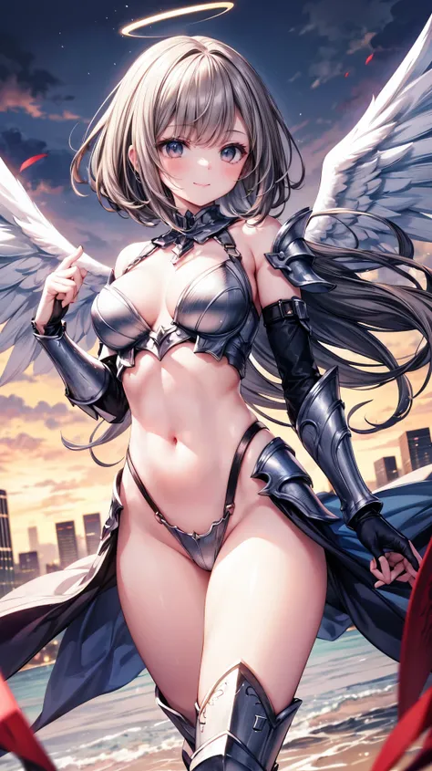 fantasy, 1angel_girl,(young_teen:1.5), ,brown_hair, medium_bob_hair, long_bangs, halo,bare_shoulder,thighhighs,silver_armor, waist_armor, large_breasts,1pair_wings, dynamic_pose_fighting,floating, bare_crotch, headgear,gauntlet, greaves,city_landscape_back...