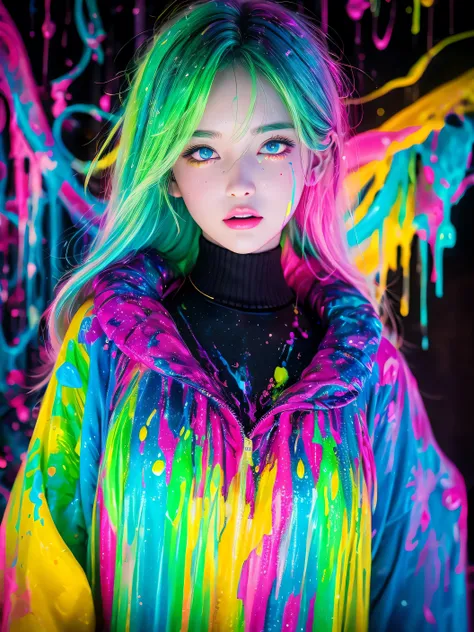 Glow in the dark ，Paint splashing，Captivating psychedelic surreal neon amazing universe beautiful gorgeous women in a bright colorful neon light，Mark Reiden、daniel merriam、Bright neon colors in the style of Frank Frazetta and Boris Vallejo, 、fashion clothe...