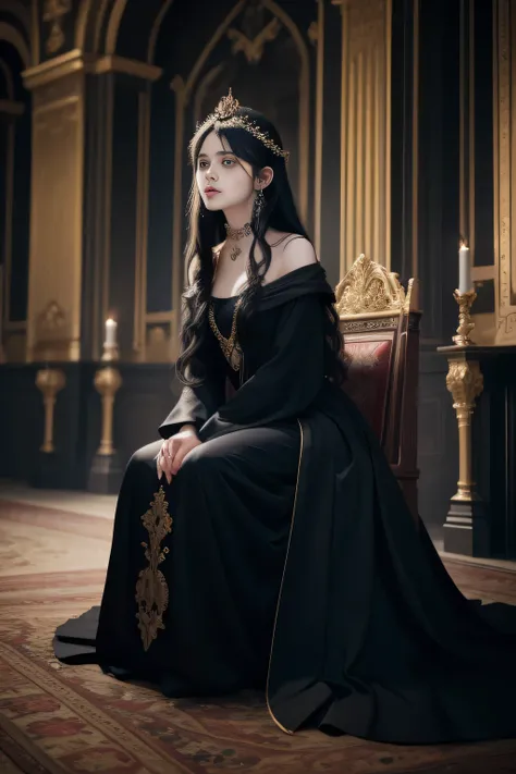 absurd resolution, high resolution, (masterpiece: 1.4), black-haired girl, sitting on a throne, wearing a long black dress, she ...