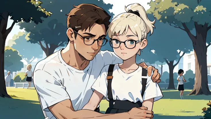 thin guy in a white T-shirt and blue jeans, Short brown hair, round face, Glasses, Kind expression on his face, hugging a little short schoolgirl in a white shirt and black skirt, blonde with a high ponytail in the evening in the park