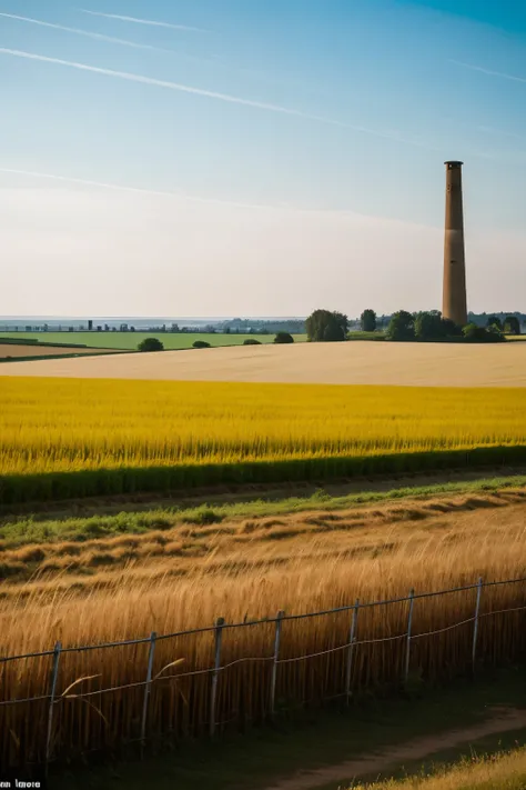 Imagine a wide and serene valley, Where the golden wheat stretches as far as the eye can see, moving gently with the breeze. on the horizon, in the middle of this rural tranquility, an abandoned factory stands. Its structure, although in ruins, It has a no...