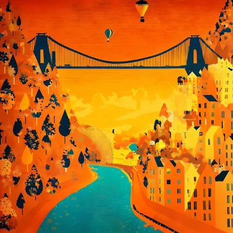 illustration of a city with a bridge over a river and a hot air balloon, by Trevor Brown, by Tom Scott RSA, print!, by Lubin Baugin, flat illustration, stylised illustration, travel poster, by IAN SPRIGGS, inspired by Trevor Brown, vector illustration, (by...