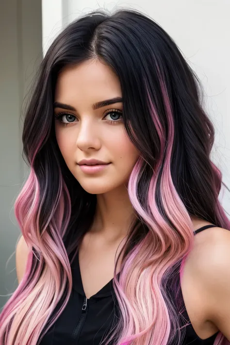 Young white woman with long wild curly black hair with pink streaks