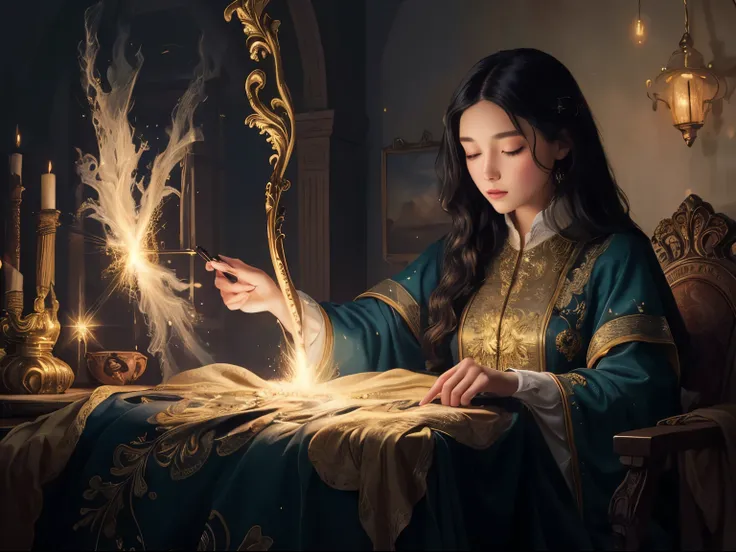 ((best quality)), ((masterpiece)), (detailed), A digital illustration of a long black haired young women stitching and creating magical clothes with a wand and sparkles surrounded by magical clothes