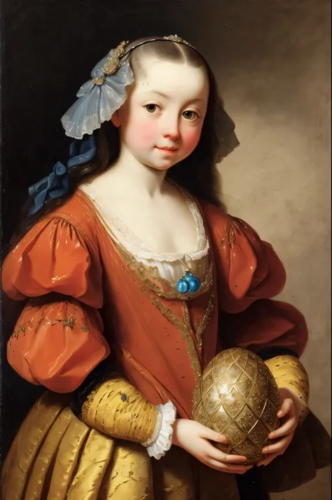 Girl with Faberge egg in hand, correct details, 17th century, ((nicolaes maes detailing)), ((best quality)), ((masterpiece)), ((realistic)), (extreme detailing), ((nicolaes maes style))