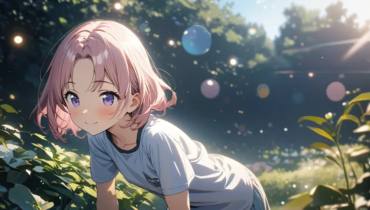 one girl, short pink hair and bob hair.、beautiful purple eyes、smile、gentle smile on her face、flat chest, one Beautiful girl,((masterpiece, illustration, best quality) ((ultra-detailed))looking at the camera、smile、blush、Parted bangs、DullＴshirt、Leaning forwa...