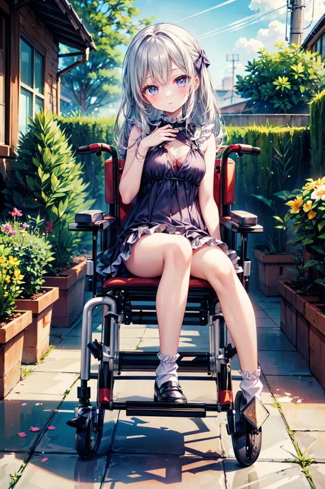 (((((full body))))), (((((wheelchair))))), (((((fair skin))))), ((((small breasts)))), ((((2 legs)))), ((((wearing purple frilled dress)))), (((white socks))), (((slim body))), (((sitting straight))), masterpiece, best quality, anime, anatomically accurate...