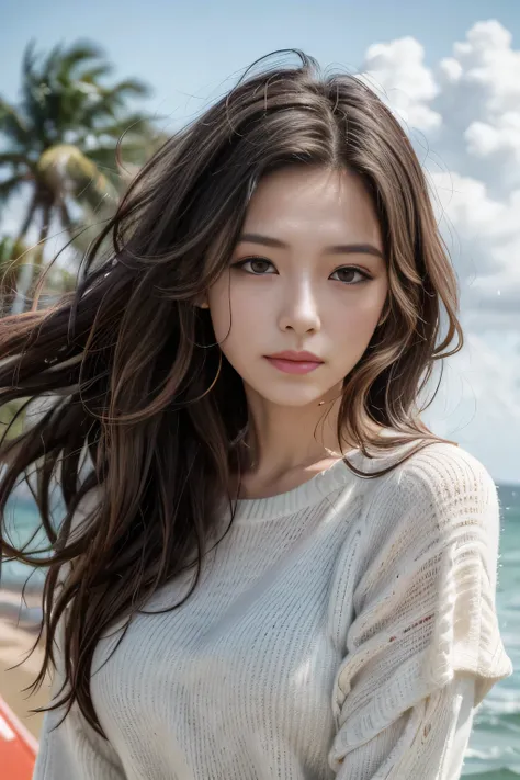 foreground: a beautiful woman , wet wavy hair in the wind. She is a men&#39;s magazine model, She has a subtle smile and flirts with the camera, (She wears a casual shirt with a knitted sweater and latex pants with a big belt:1.2), Scotland Loch background...