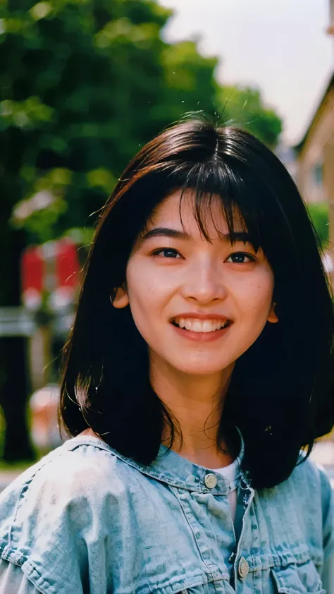 ((((Detailed explanation)))),(((masterpiece、Highest quality、Very detailed:1.42、Focus on the eyes)))、Female in her late teens、Portraiture、Blurred cityscape at dusk、Silhouette of buildings and street lamps、Medium length dark brown hair、natural wavy curls、The...