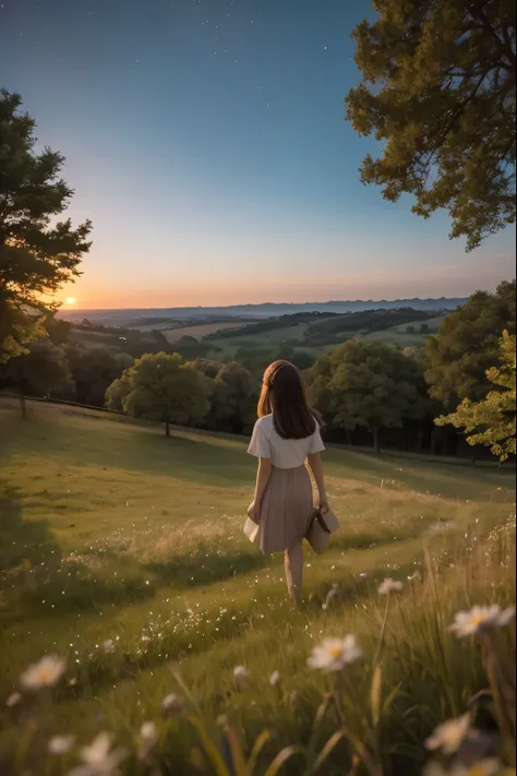 a girl on top of a hill, starry sky, view from below, flowering grass and trees,
