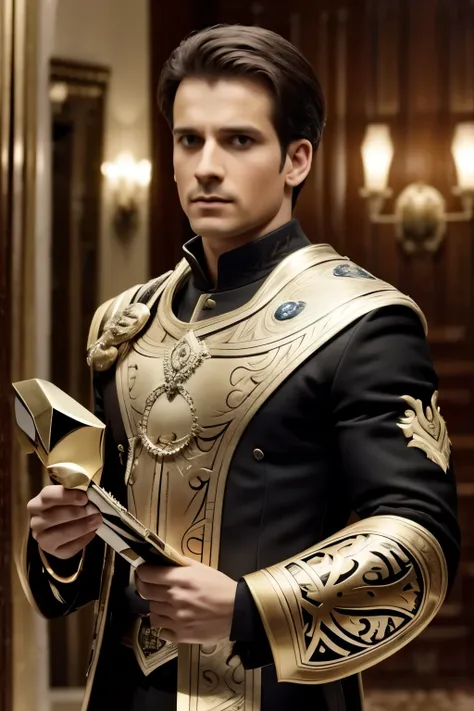 He holds a white and gold shield in his hand