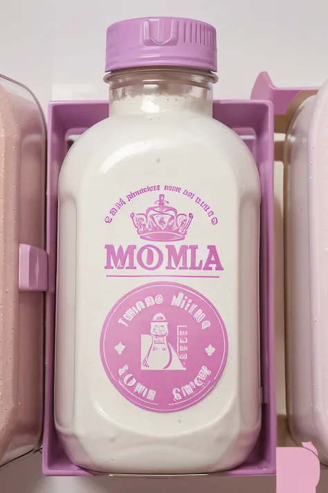 powdered milk bottle, pink and purple colors, in circular plastic container, mother and baby logo. 